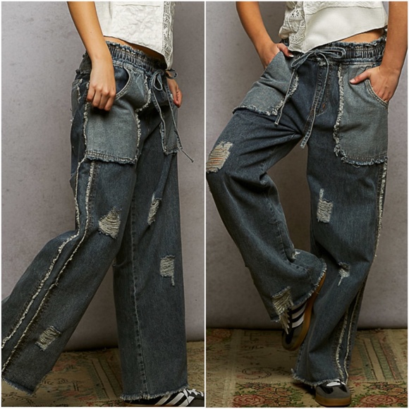 POL Dark Wash Distressed Stretchy Waist Straight leg Denim Jeans - Picture 2 of 4